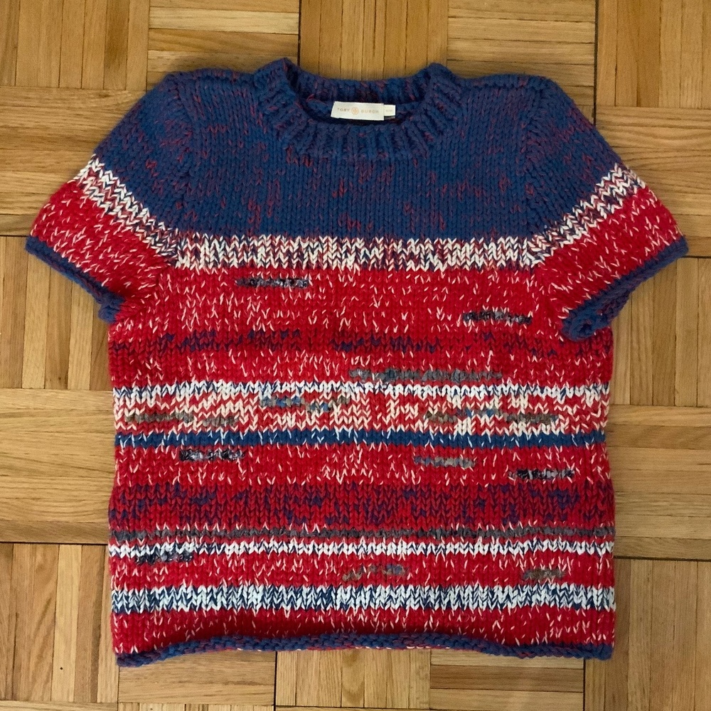 Tory Burch Chunky Knit Cotton Sweater Short Sleeve Top